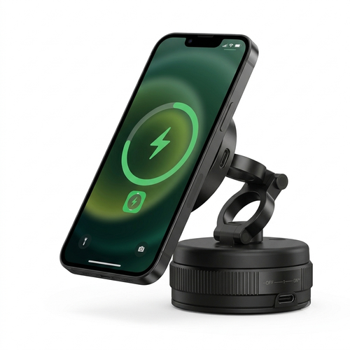 A black magnetic wireless phone charger stand holding an iPhone in landscape orientation, shown on a clean white background.