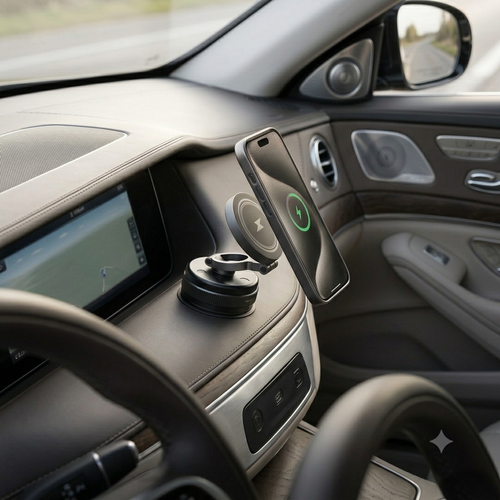 A wireless car phone mount holding a smartphone in a car's dashboard. The mount has a black base and a circular magnetic charging pad with a wireless charging symbol, and the phone displays a green charging icon.