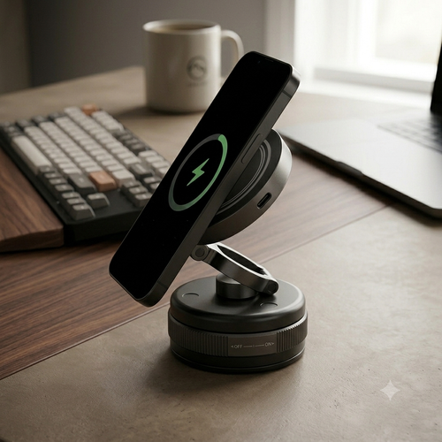 A black and dark gray wireless charging stand holding a smartphone in landscape orientation, with a green charging icon displayed on the phone screen. The stand is placed on a wooden desk in a home office setting, with a keyboard, laptop, and mug blurred in the background.