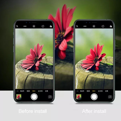 two iPhones, one with the camera protector one without. Demonstrating that the camera protector improves the quality of images taken with the iPhone