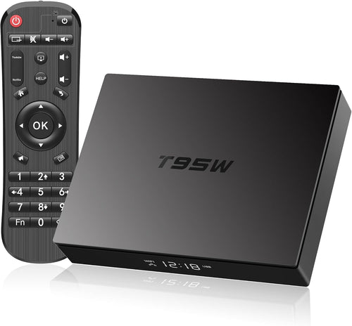 The T95W android box next to it's remote control