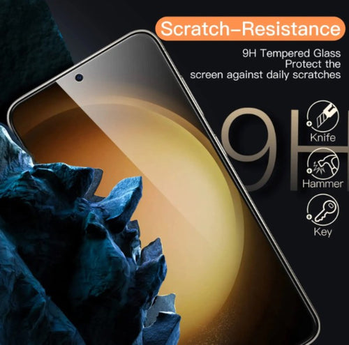 Samsung Galaxy Screen protector with Scratch and shock resistance information on side.