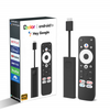 Black Android TV stick with remote control and packaging on a white background