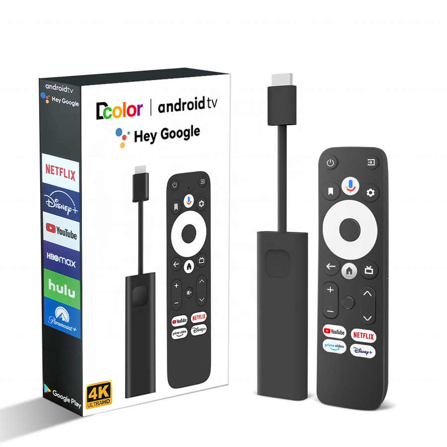 Black Android TV stick with remote control and packaging on a white background
