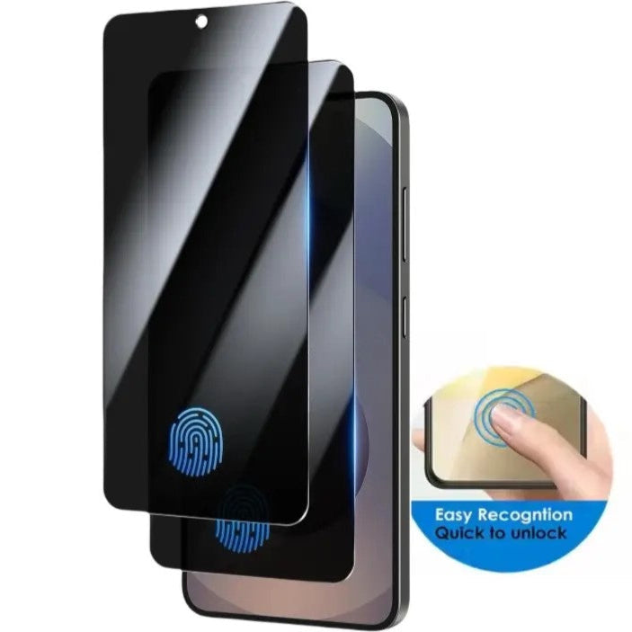Two Samsung privacy glass protectors shown with a phone