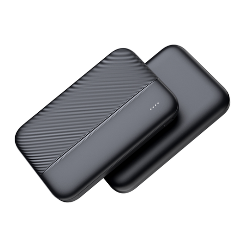Black compact slim power bank in black on white background