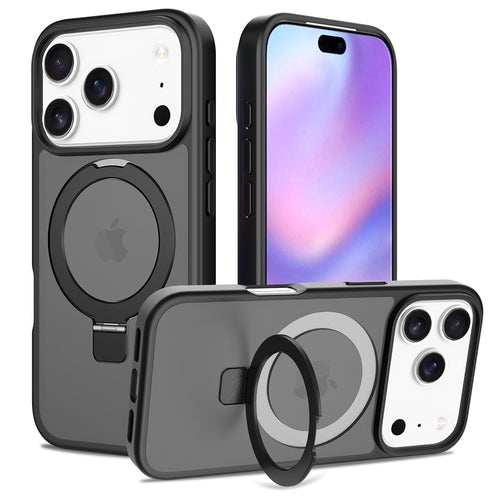 iPhone case featuring MagSafe ring and 360-degree rotating kickstand in black