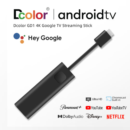Dcolor GD1 4K Google TV Streaming Stick on a white background with logos of supported services.