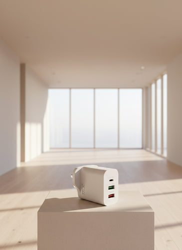 White power adapter with multiple ports on a white surface