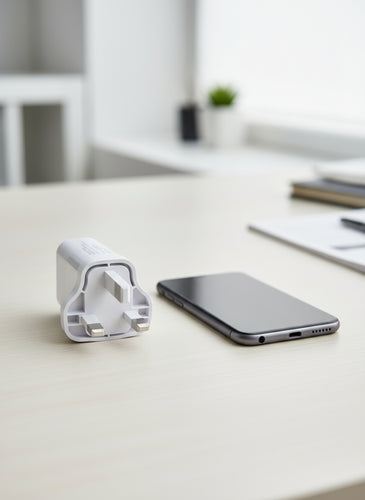 Close-up of a white electrical plug on a white surface with a blurred background