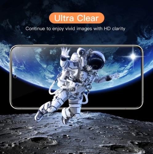 Ultra Clear Genuine Tempered Glass protector with an astronaut visible through the glass, very clear picture