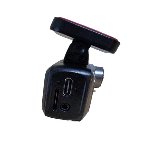 side view of the dash camera showing the usb port and SD card slot