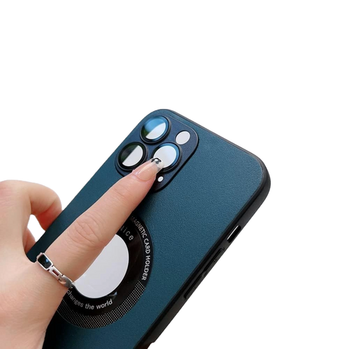 a finger pointing to the built in camera protector on the AMMaze iphone case