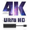 4K Ultra HD text with a space-themed design and a black electronic device on a white background