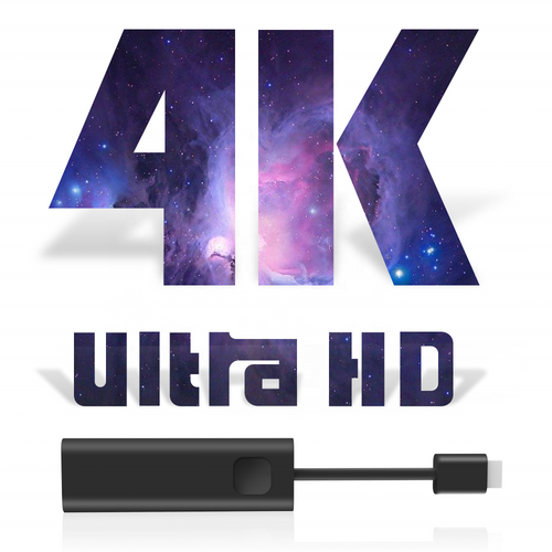 4K Ultra HD text with a space-themed design and a black electronic device on a white background