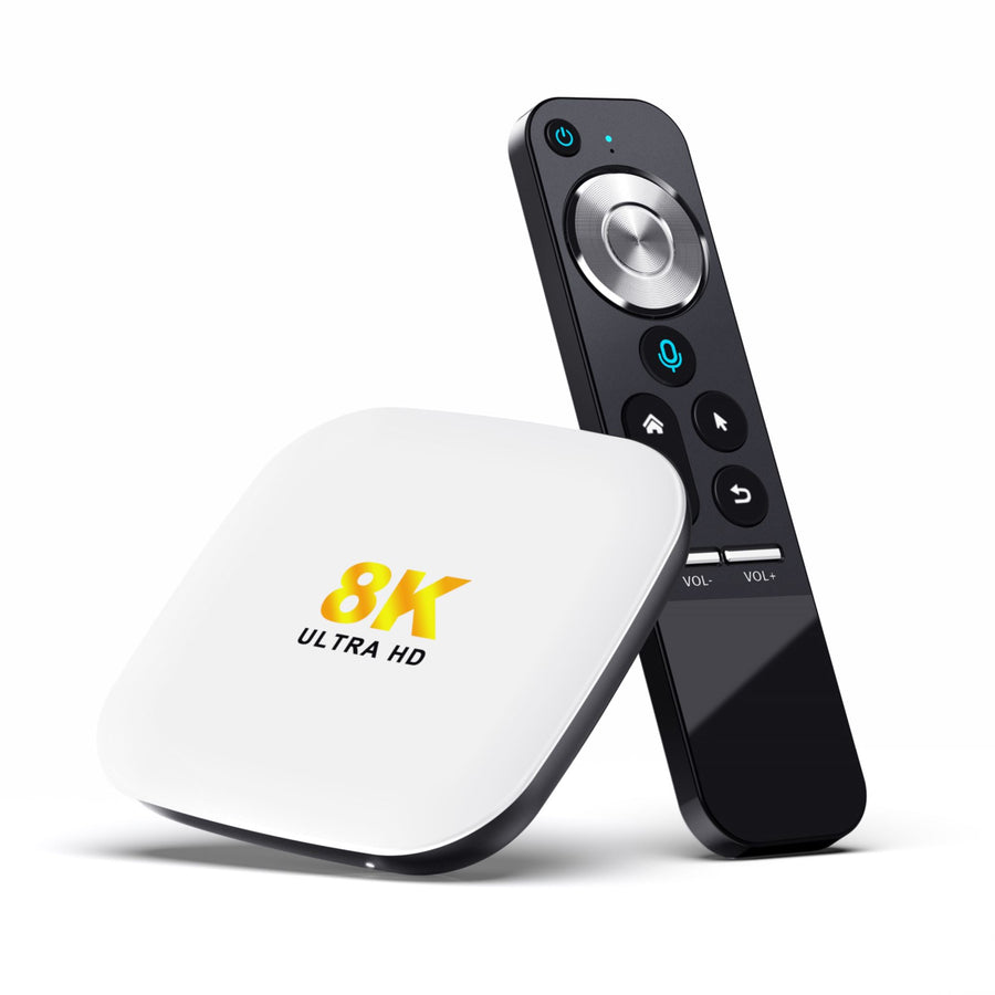 8K android box next to it's remote control