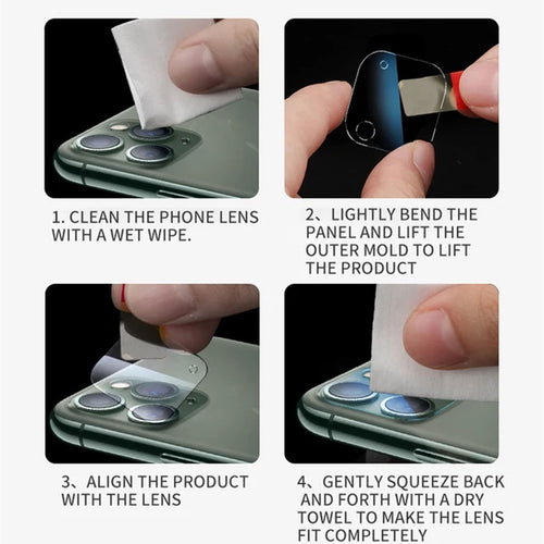 4 images with accompanying written instructions for the correct installation of the camera protector