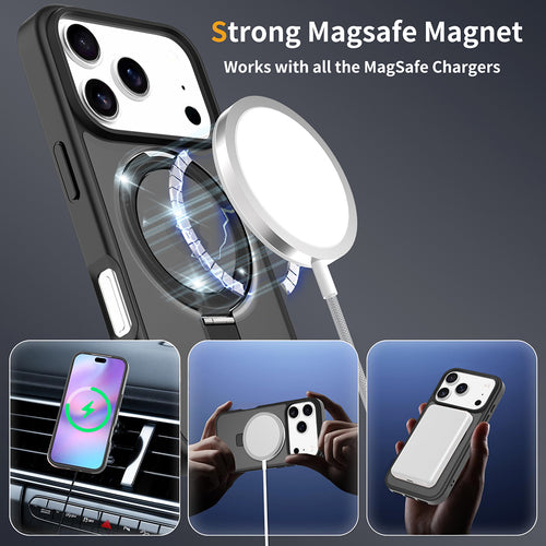 Demonstration of the strong MagSafe magnets connecting to a wireless charger and car vent mount