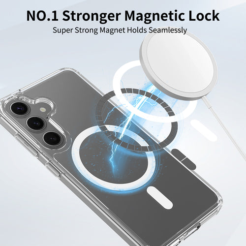Samsung MagSafe case demonstrating strong magnetic lock with wireless charger alignment