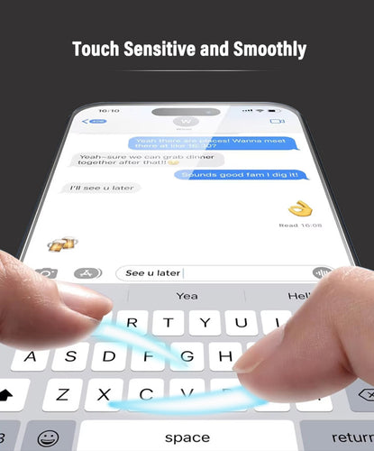 Hand using a stylus on a smartphone with a messaging app open, emphasizing touch sensitivity and smoothness.