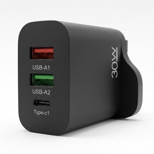 A 30W black dual USB-A and USB-C wall charger with a Type-C port, shown on a clean white background. The charger features white text labels for the ports (USB-A1, USB-A2, Type-c1) and a white '30W' power indicator on its side.