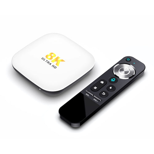 the 8K android box and it's remote control on a white surface