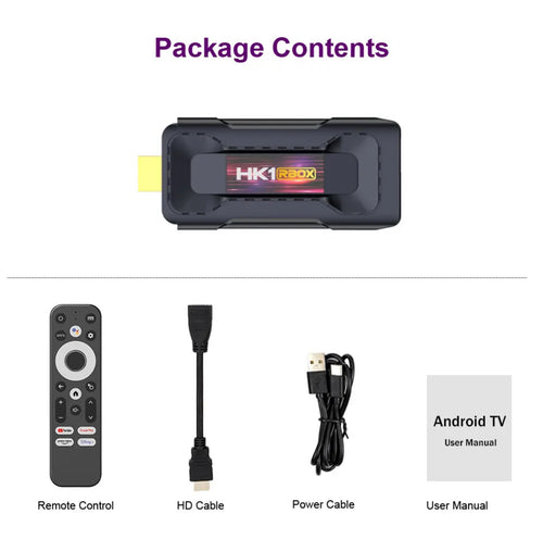the contents of the box, the HK TV stick remote control, HD cable, power cable, user manual