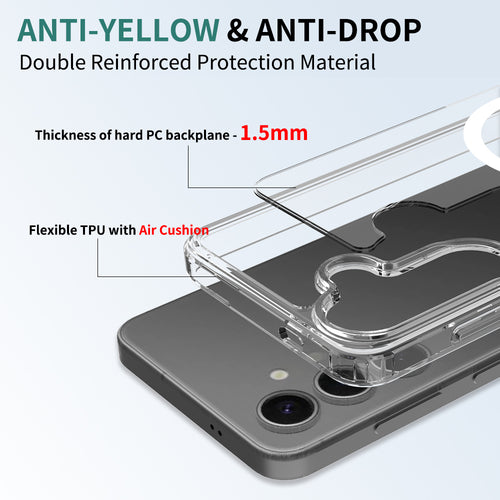 Diagram of samsung magsafe case hybrid construction showing 1.5mm hard PC and flexible TPU air cushion frame