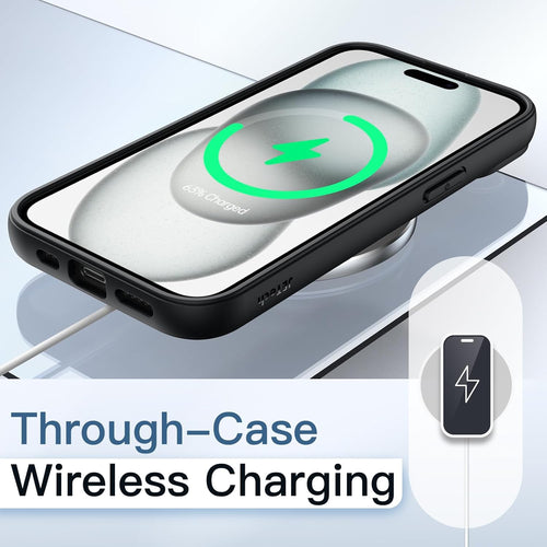 Smartphone with wireless charging case on a light gray background