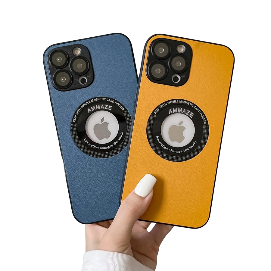 two AMMAZE cases for iphone one in blue one in orange held by a hand