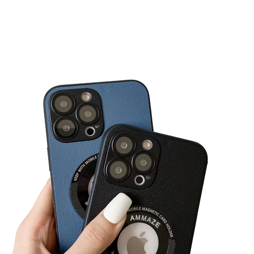 a close view of the built in camera protectors on a blue AMMAZE case and a black AMMAZE case held in a hand
