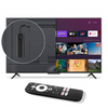 Smart TV with streaming platform interface, remote control, and cable on a white background