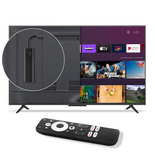 Smart TV with streaming platform interface, remote control, and cable on a white background