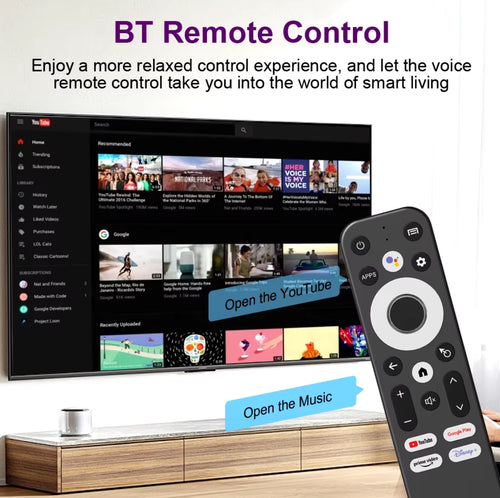 a TV displaying it's menu screen and the voice activated remote control