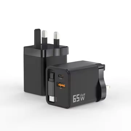 Black charging adapter with multiple ports on a white background