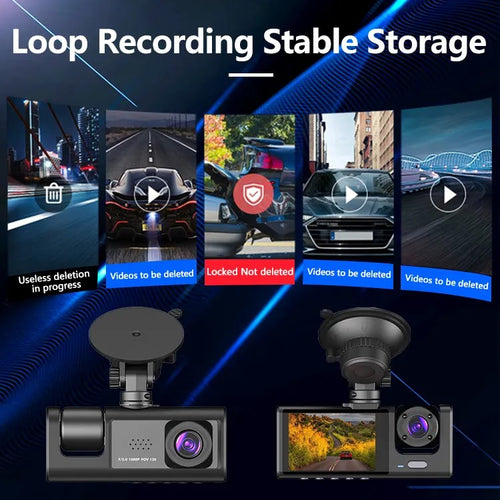 loop recording stable storage, ease of video organisation and deletion afront and back view of dash cam