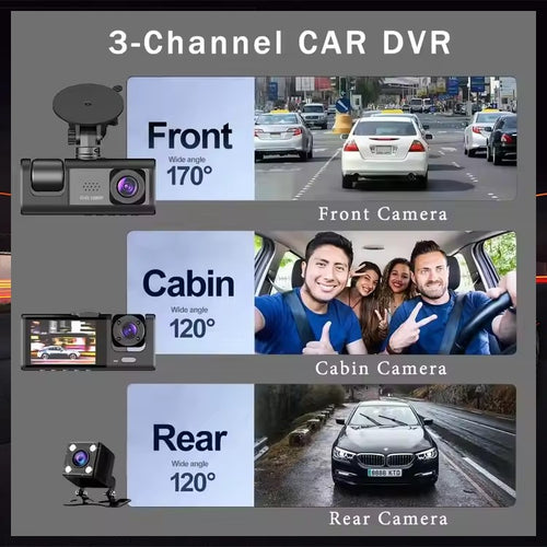 3 channel car DVR, front view 170 degrees, cabin view 120 degrees, rear view 120 degrees