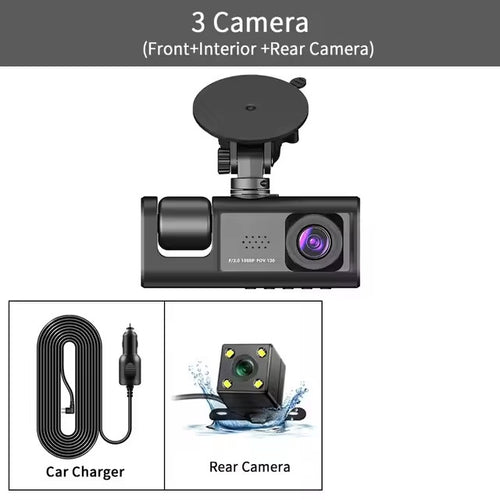 3 cameras, front rear and interior, with car charging cable