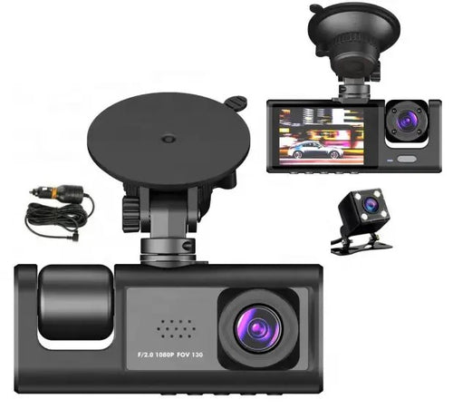front view of the camera, back view of the camera with screen, the rear camera and the car charging cable 