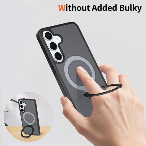 Hand holding a phone with a clear case and ring holder, text 'Without Added Bulky' above.