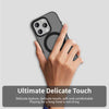 Hand holding a phone with an iPhone  case, text 'Ultimate Delicate Touch' on a gray background