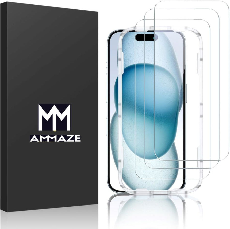 Packaging and two pieces of premium tempered glass screen protectors for Apple iPhone, displayed on a clear background.