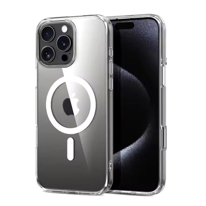 Clear MagSafe iPhone case with visible magnetic ring on a white background