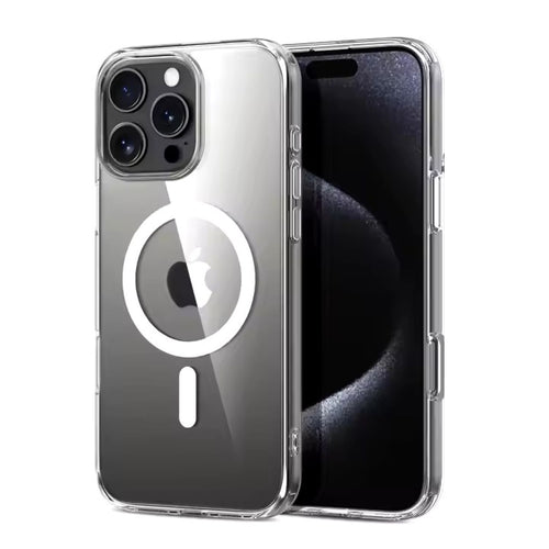 Clear MagSafe iPhone case with visible magnetic ring on a white background