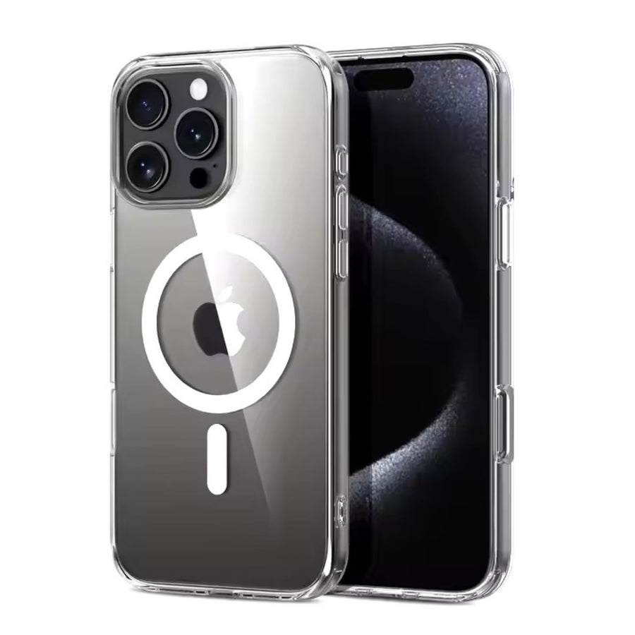 Clear MagSafe iPhone case with visible magnetic ring on a white background