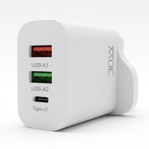 A white 30W dual USB-A and USB-C wall charger with a Type-C port, shown on a clean white background. The front features two USB-A ports with colored LED indicators (red and green) and a USB-C port, with '30W' printed on the side.