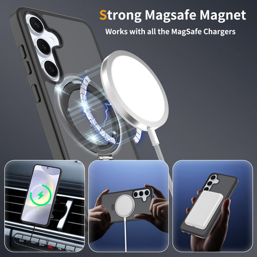 Phone case with a strong Magsafe magnet and text indicating compatibility with MagSafe chargers.
