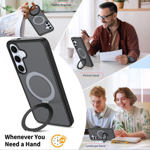 Phone case with flexible ring grip and portrait stand features, used by a man and woman at a table.