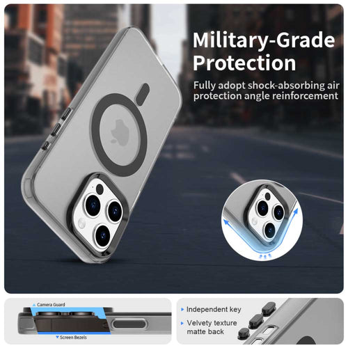 Phone case with military-grade protection features on a blurred city street background