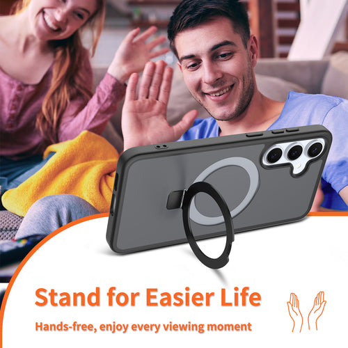 Phone case with ring holder and people using it in a casual setting